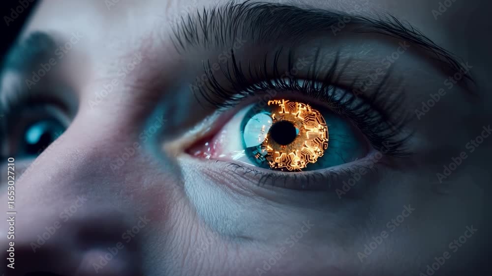 Poster Close-up of human eye with technological circuit pattern replacing iris, creating futuristic cyborg-like visual effect. Detailed macro shot revealing intricate golden circuit design within eye