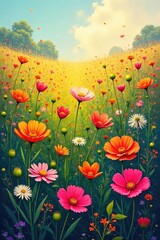 Fototapeta premium Vibrant abstract field of wildflowers in full bloom, perfect for website backgrounds or digital art projects Stunning colors and textures ideal for a spring or summer theme , picturesque, website