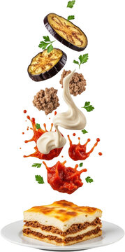 Moussaka ingredients in motion meat b chamel tomato sauce eggplant and parsley isolate greek food cooking