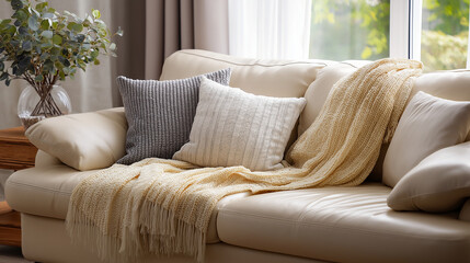 Cozy scene with sofa, pillows, and warm blanket in gentle light