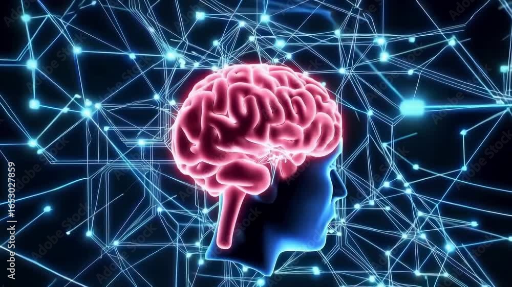 Poster stylized human profile with highlighted pink brain surrounded by interconnected blue digital network