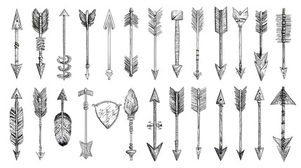 hand drawn sketch pencil drawing many different arrow element set, graphic vector pen scribble icons isolated on white Stock Illustration