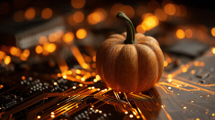 A halloween pumpkin sits on a glowing computer circuit board , Cybersecurity Halloween Jack-o-lantern
