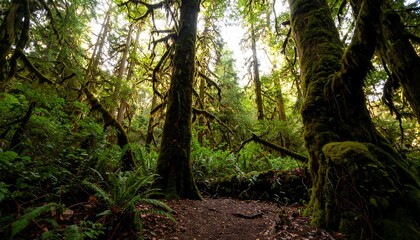 Lush, verdant forest floor, showcasing moss-covered trees and vibrant undergrowth, bathed in dappled sunlight.
