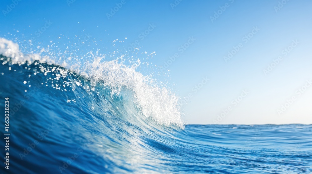 Poster ocean wave's majestic curl: an eye-level shot captures the powerful crest and curl of an ocean wave,