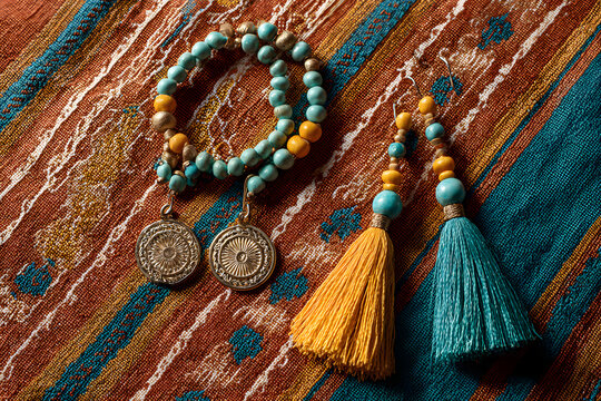 Elegant turquoise beaded bracelet and tassel earrings create a vibrant bohemian flair, a stylish statement for today's free spirited woman