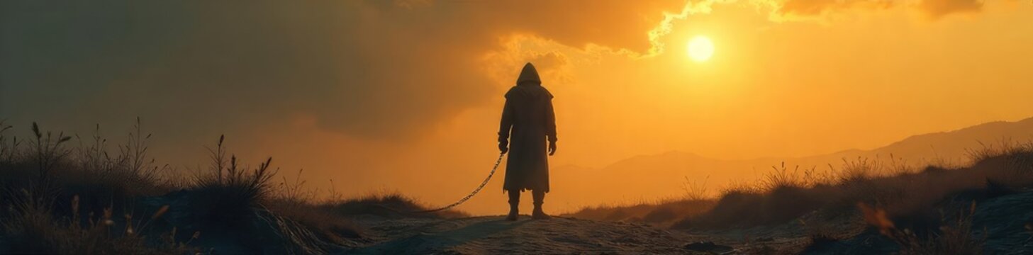 Shadowed Figure, Bound and Chained in a Desolate Landscape A Haunting Image of Mystery, Captivity, and Unknown Fate.  The palpable sense of servitude and secrecy creates a powerful enigma.