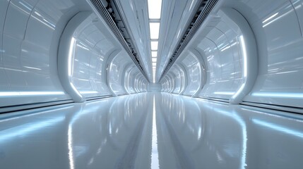 Naklejka premium Futuristic Sci-Fi Corridor with Modern White Interior Design.Generative AI