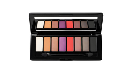 Makeup palette featuring a variety of vibrant colors including red, purple, and neutral shades, displayed in an elegant black case for beauty enthusiasts and professionals