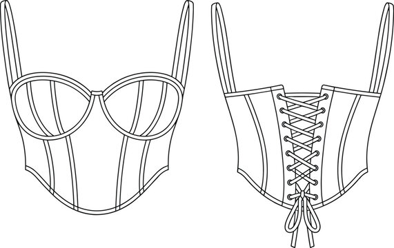 Corset technical fashion drawing, structured cups, vertical boning, lace‑up back with bow, garment construction flat sketch, detailed vector illustration template for apparel design
