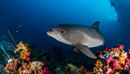 Underwater dolphin amidst vibrant coral reef