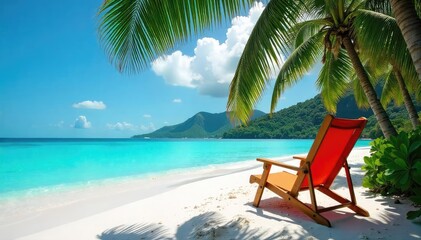 Relaxing on a secluded island, surrounded by crystal-clear turquoise water and lush greenery, a vibrant deck chair awaits Perfect for a tranquil escape , view, blue, peaceful