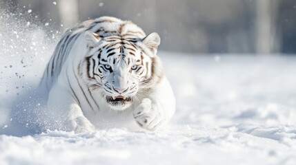 Obraz premium White Tiger in Snow: A majestic white tiger, exuding power and grace, charges through a field of pristine snow, its piercing gaze fixed on the viewer, showcasing the raw beauty of nature.