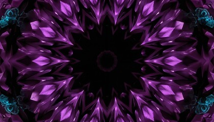 Obraz premium Intricate purple crystal gemstone kaleidoscope pattern creates mesmerizing optical illusion. Symmetrical fractal design with sharp geometric shapes in vivid violet hues, subtle teal accents. Perfect