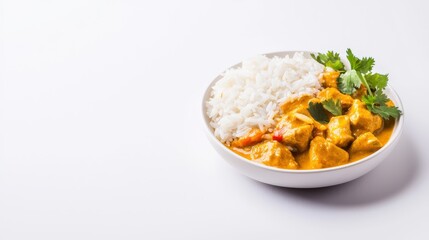 Creamy chicken curry served with fluffy white rice and fresh cilantro in a white bowl against a plain background creates an appealing and flavorful image.