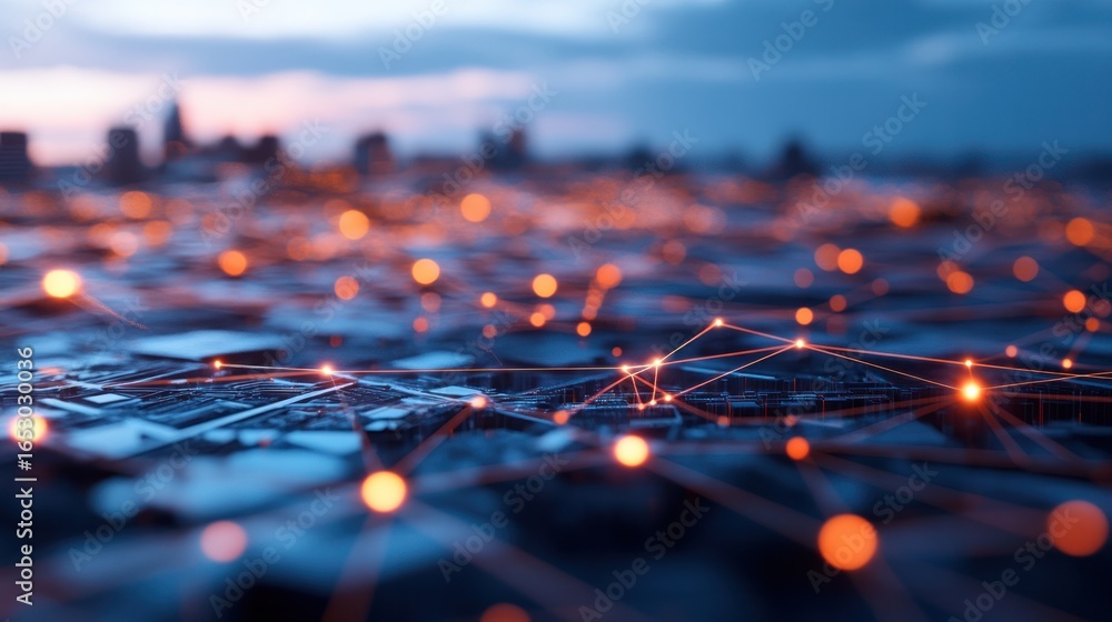 Poster network of connections: illuminated nodes and interconnecting lines symbolize the digital landscape,