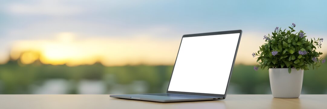 Laptop and plant in Focus: A laptop with a blank display sits alongside a small plant on a wooden table, with a blurred scenic view in the background. Perfect for presentations, social media.
