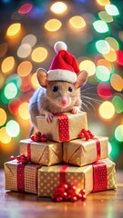 Adorable mouse wearing a miniature Santa hat