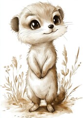 A cute illustrated meerkat standing upright in a natural setting with soft colors.