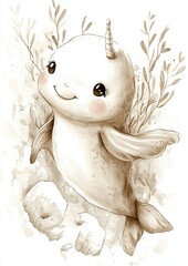 A cute narwhal illustrated in a whimsical style surrounded by seaweed.