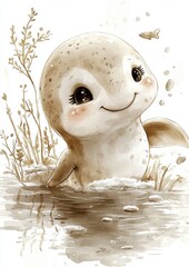 A cute, smiling aquatic creature emerging from water with plants around it and a small fish nearby.