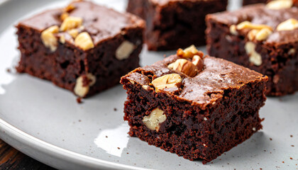 Brownie bites with nuts. Rich dessert snack. Sweet and tasty food.