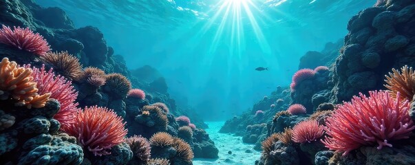 A futuristic, immersive underwater scene depicting a vibrant coral reef teeming with life, representing the interconnectedness and vastness of the teal internet , teal, digital ocean