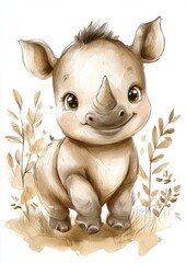 A cute cartoon rhino with big eyes and a friendly smile, surrounded by plants in a light brown color palette.