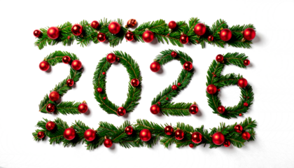 celebración de Año nuevo 2026 el número 2026 escrito con hojas de abeto verde de Navidad, cuidadosamente dispuestas para formar cada cifra. concepto fin de año. PNG
