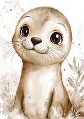 A cute and cheerful cartoon seal with big eyes against a soft beige background featuring delicate plants.