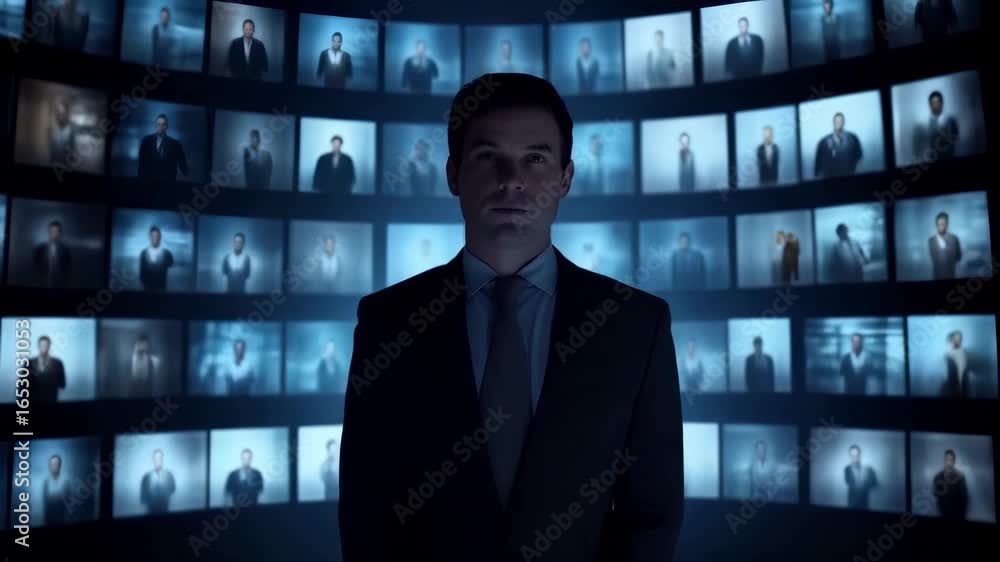 Poster professional man standing in front of multiple video screens displaying various individuals in blue-