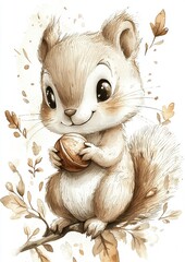 A charming cartoon squirrel holding an acorn, surrounded by soft, natural elements and gentle colors.