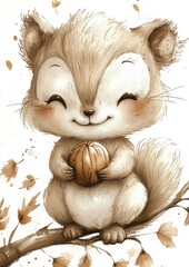 A cute, cartoonish squirrel holding a chestnut while smiling, surrounded by autumn leaves.