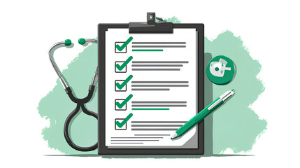 Medical document. Medical checklist. Flat design illustration of Patient test results document. Green checkers.  Stock Illustration