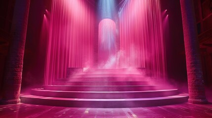 Illuminated steps with curtains and smoke in magenta hues