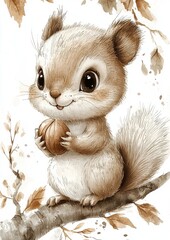 A cute squirrel holding an acorn, surrounded by autumn leaves and a soft, artistic background.