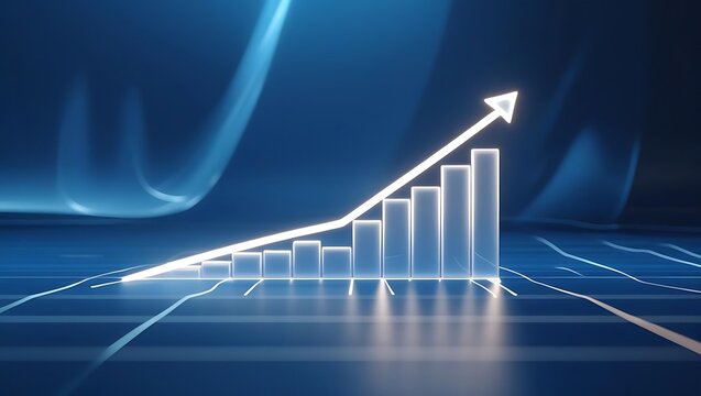 Futuristic glowing data visualization graph with neon light bars and line chart on dark background - Powered by Adobe