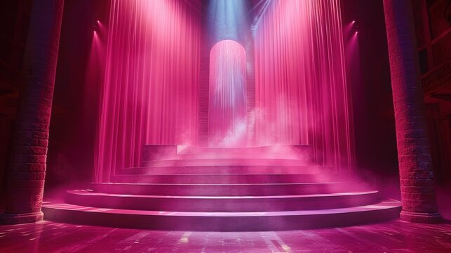 Illuminated steps with curtains and smoke in magenta hues
