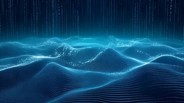 Abstract digital terrain with flowing blue point particles representing data waves, binary code streams in background, creating dynamic technological landscape visualization.