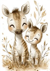 A cute illustration of two smiling zebras against a warm, earthy background, showcasing playful and joyful expressions.