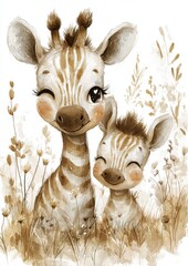 A cute illustration of a mother and baby giraffe with cheerful expressions in a natural grassy setting.