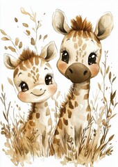 Two cute cartoon giraffes smiling together in a natural setting with plants around them.