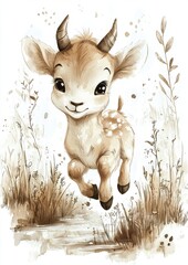 A cute baby goat with large expressive eyes, happily jumping in a field surrounded by grass and flowers, evoking a playful and whimsical atmosphere.