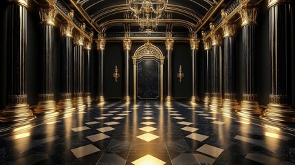 Fototapeta na wymiar Elegant black palace hall with golden details and marble flooring