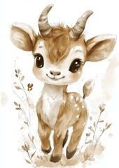 A cute, illustrated baby goat with big eyes and small horns, surrounded by delicate plants and a soft color palette.