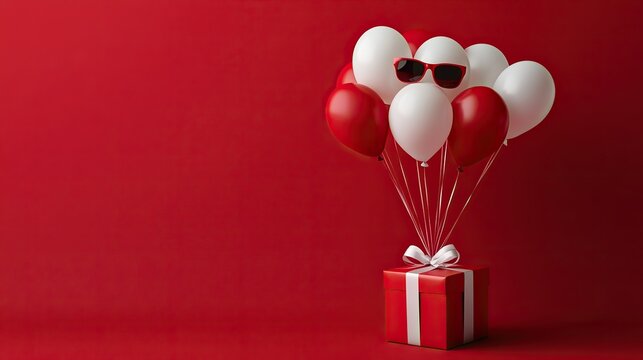 , create a balloon image of balloons on carrring a gift with a sunglasses on it on a red background