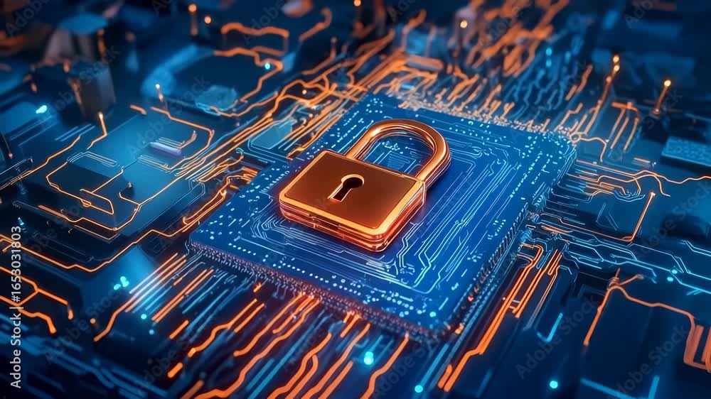 Poster glowing golden padlock integrated into circuit board microchip, representing advanced digital securi