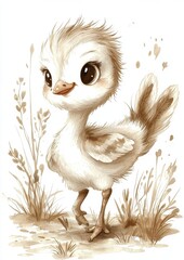 A cute, fluffy chick standing on grass, characterized by big eyes and a playful expression, surrounded by delicate plants.