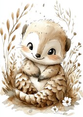 A cute illustrated hedgehog surrounded by delicate plants and flowers in a soft, warm color palette.