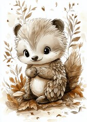 A cute and fluffy hedgehog surrounded by autumn leaves and plant elements in warm tones.